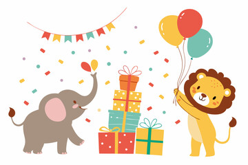 Naklejka premium Delightful party illustration featuring a smiling elephant, playful lion, colorful balloons, and festive gift boxes for celebrations.