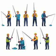 Fishermen with rods catching fish flat style