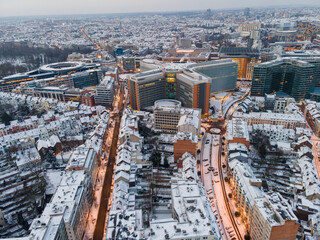Aerial view of the European Commission building at Schumann, Brussels in the morning with street lights