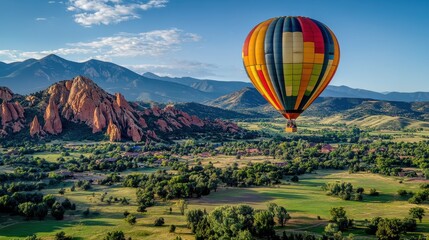 Fototapeta premium Colorful hot air balloon floats above green valley and mountains during sunny day