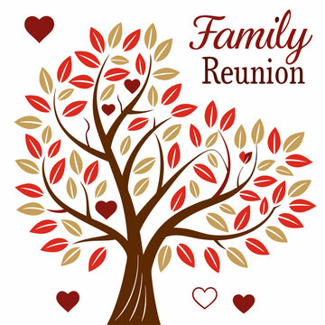 Family reunion celebration tree vector illustration with hearts and leaves on white background suitable for diverse design projects