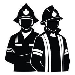 Two Firefighters Wearing Helmets and Uniforms in Black and White Isolated Icon