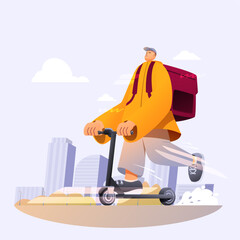 cartoon courier on scooter rides around city, vector illustration