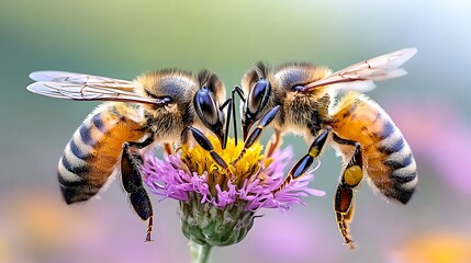 Fototapeta premium Two Honey Bees Feeding on a Vibrant Purple Flower Close Up Macro