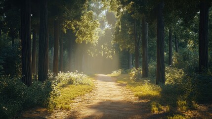 Obraz premium Sunlight filters through trees along a tranquil forest path in the morning