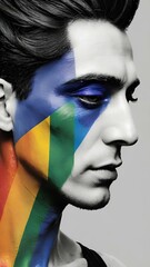 face of aman with the flag of LGBT
