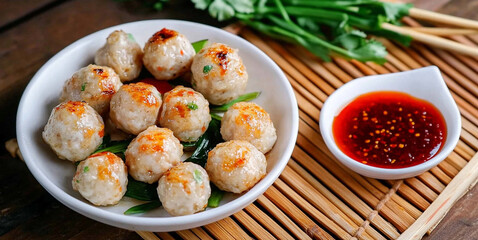  banner of fishball grill in white plate  style white theme