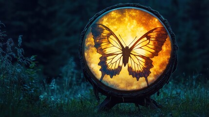 Illuminated butterfly silhouette on a shamanic drum in a twilight meadow