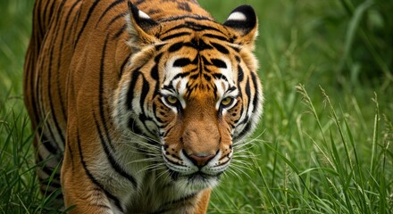 Naklejka premium Detailed Portrait Of A Majestic Tiger Walking Through Lush Green Grass With Intense Eye Contact