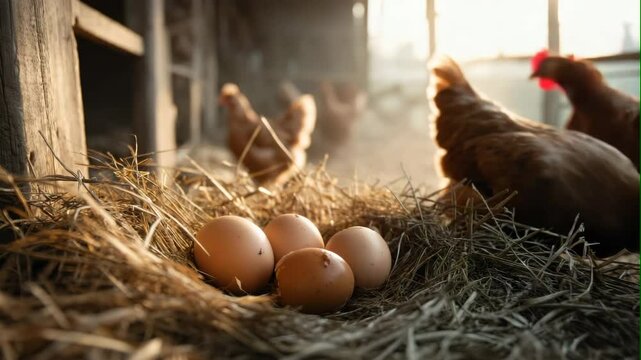 Fresh eggs in hay nest inside chicken coop
