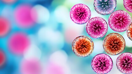 Microscopic View of Colorful Virus Cells Floating in a Blue and Pink Background Medical Research Concept
