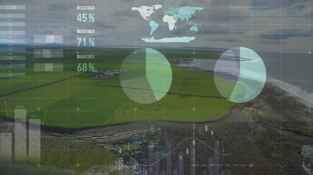 Static aerial farmland view starting overlays with charts, maps animating to show agriculture data - Powered by Adobe