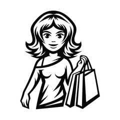 Outline Portrait Of Cheerful Woman Holding Shopping Bags In Black And White Art Style