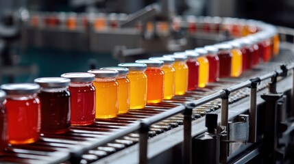 A High Resolution image of sauces in glass jars on conveyor belt of food factory.