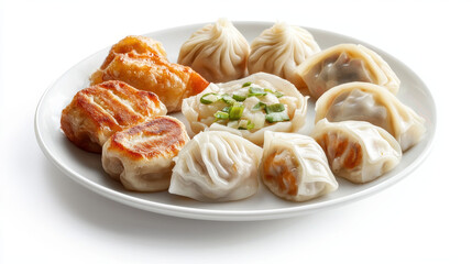 Delicious dumplings on white plate, featuring various types including steamed and pan fried, garnished with green onions