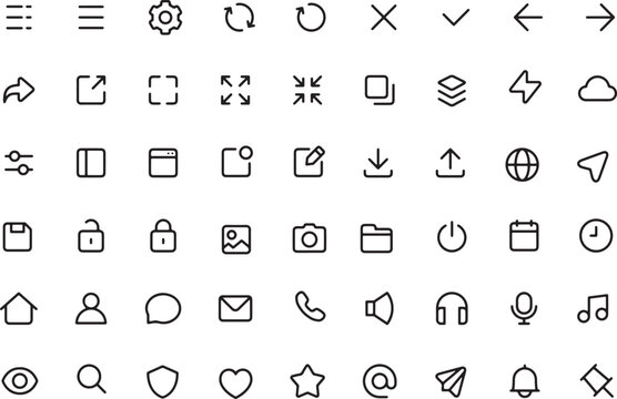 Thin line icon set for graphical user interface ui of mobile app web application software button. Pixel perfect icons, editable stroke.