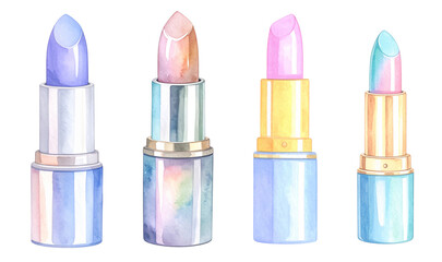 A collection of colorful lipsticks in various shades and stylish packaging.watercolor Hand drawn