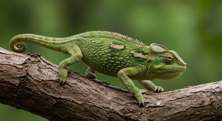 Obraz premium Detailed View Of A Green Chameleon Perched On A Brown Branch Against Blurred Green Foliage