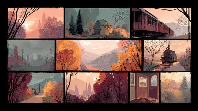 cover for quirky travel guide | childlike wonder | detached nostalgia | autumn palette | grid layout | vintage trains | geometric spacing | overhead framing | boarding school life | new formalism |