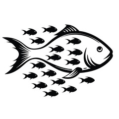 Fish School Silhouette Black Fish Forming Big Fish Shape, Marine Life