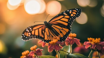 Fototapeta premium Colorful butterfly perched on a vibrant flower in a sunlit garden during a warm afternoon