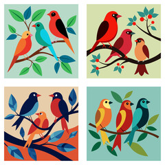 Naklejka premium Four panels of colorful birds perched on branches with leaves in a decorative square arrangement