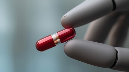 Robotic Hand Carefully Holding a Red Capsule Pill Medicine Treatment