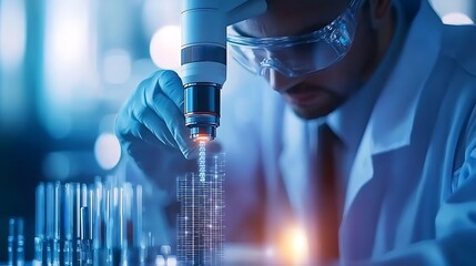 Scientist using advanced microscope in laboratory conducting research development innovation