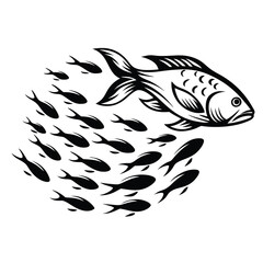 Fish School Silhouette, Black and White Drawing, Marine Life, Swimming Fish, Ocean Animals