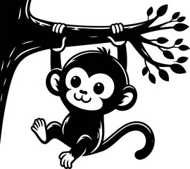 Cute Cartoon Monkey Hanging from a Tree Branch