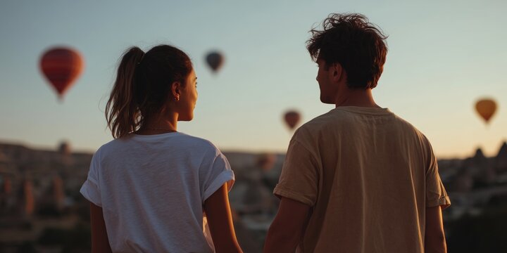 Romantic sunset adventure with happy couple and hot air balloons in scenic landscape