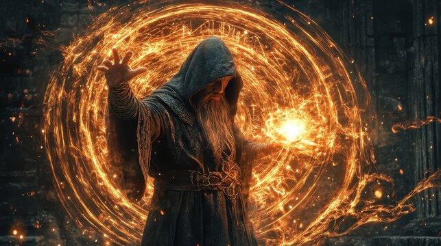 Mysterious sorcerer casting spells in an enchanting forest during a twilight ritual