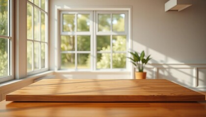 Fototapeta premium Empty wooden table near window, bright room Ideal product display background, product photography, advertising