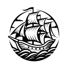 Black Silhouette of Sailing Ship, Tall Ship, Vessel, Circle Frame, Ocean, Waves