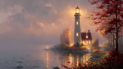 travel brochure for scenic towns | peaceful resilience | serene nostalgia | autumn golds and reds | foreground floral framing | glowing windows | foggy background diffusion | brush-enhanced lighting