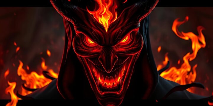 Fiery-eyed figure, sinister grin, engulfed in flames, dark shadows,  vibrant,  dramatic