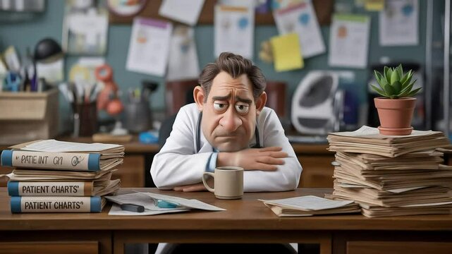 Tired doctor in office with laptop, coffee, and phone in cartoon style