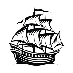 Silhouette of Majestic Sailing Ship with Full Sails & Flag Against White Background