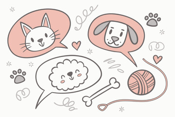 Cute cartoon pet characters in speech bubbles with paw prints hearts and a ball of yarn on a transparent background