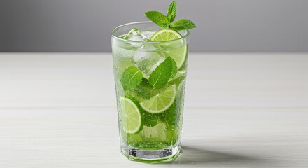 Refreshing Mojito Cocktail With Ice Limes and Mint in a Tall Glass on a White Surface