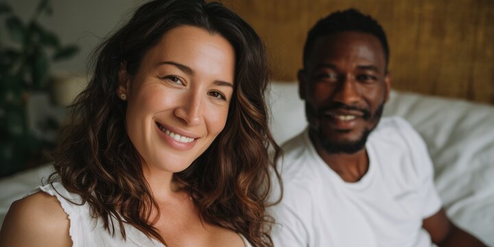 At home multiracial couple celebrating pregnancy and relaxing together