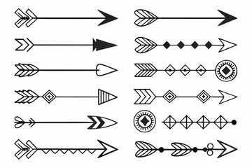 Fototapeta premium Vector set of decorative tribal arrows in black and white styles for design projects and creative applications