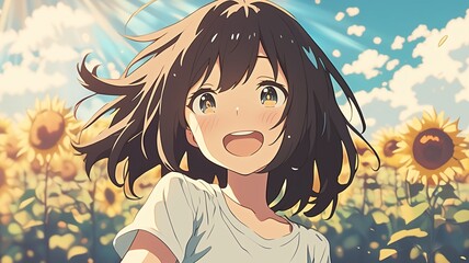 ひまわり畑で遊ぶアニメ調の美少女