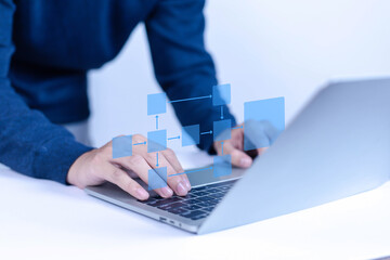 Business process diagram, white background. Automation workflow design concept with process diagram, algorithm, process flow diagram, work structure model.  