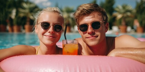 Young couple relaxing in pool with refreshing drink on a sunny day