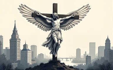 Obraz premium Vector banner with drawing of angel on cross with city background elements of big city architecture. Poster on religion, guardian angel or angel of death theme. No AI used. High quality