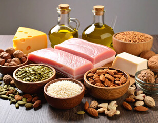 AI generated image of delicious high-fat foods including pork belly, marbled steak, olive oil, salmon and nuts with scientific infographic showing molecular structure of lipids nutritional information