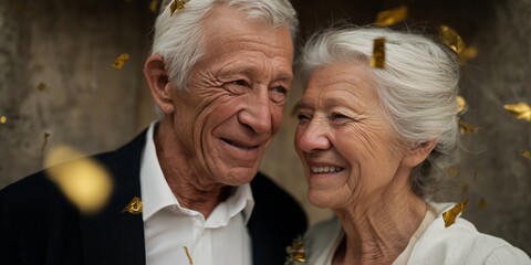 Joyful elderly couple celebrating their wedding with golden confetti