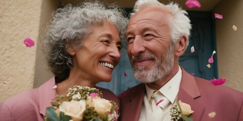 Joyful elderly couple celebrating wedding with floral accents and happiness
