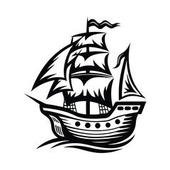 Monochrome Silhouette of an Old Sailing Ship with Detailed Sails & Nautical Design